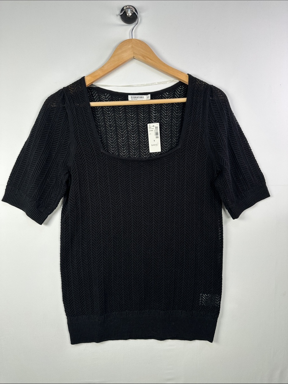 Reitmans Black Open Knit Short Sleeve Top NWT Sheer Scoop Neck S